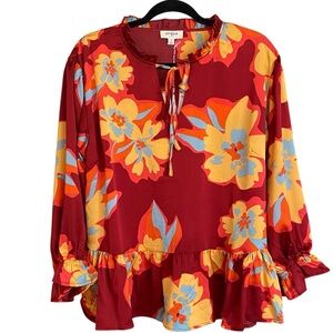 Umgee Boho Floral Peplum Top Red Yellow Ruffle Sleeve Blouse Size Medium NWT